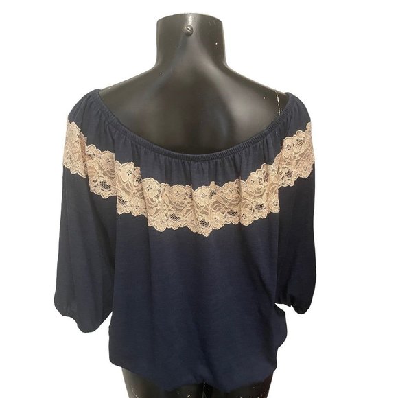 Large Bella D Lace Embellisment Women's Navy Blue Off Shoulder Blouse - Picture 5 of 10